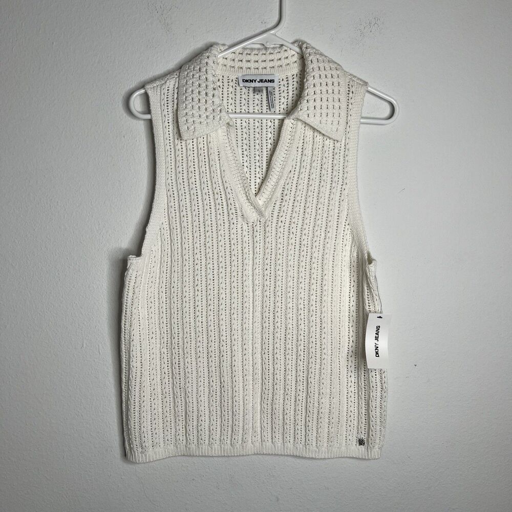 DKNY Jeans Sweater Vest Women’s Large NWT Brown Collared V-Neck Cotton Knit